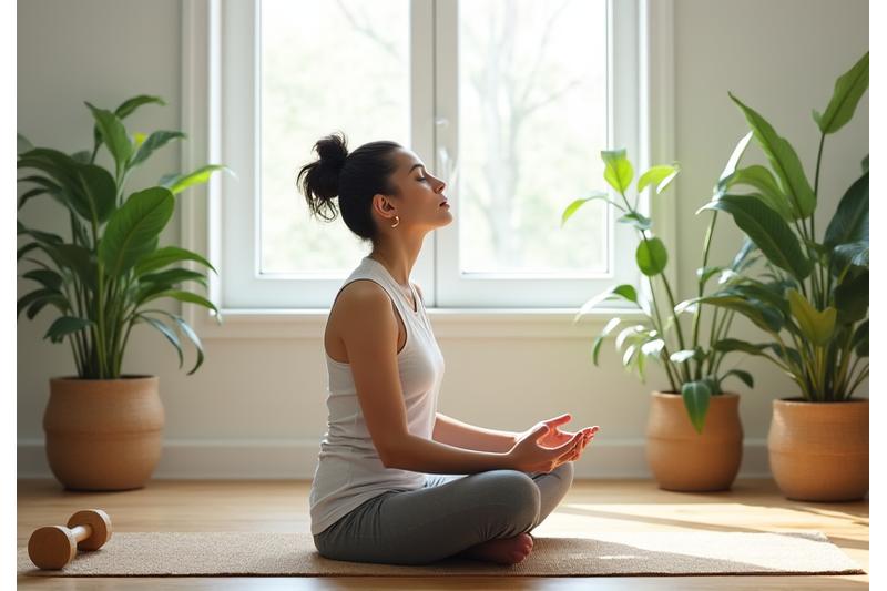 A person breathing deeply in a bright, clean-looking home gym with visible air purifying plants and natural light streaming in, emphasizing fresh air and wellness.